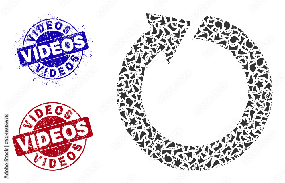 Round VIDEOS rough seals with text inside circle shapes, and shard mosaic rotate icon. Blue and red stamp seals includes VIDEOS text. Rotate collage icon of shard elements. Round VIDEOS rough seals with text inside circle shapes, and shard mosaic rotate icon. Blue and red stamp seals includes VIDEOS text. Rotate collage icon of shard elements.