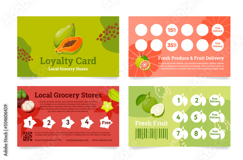 Collection fruit delivery service loyalty card template design vector local grocery store