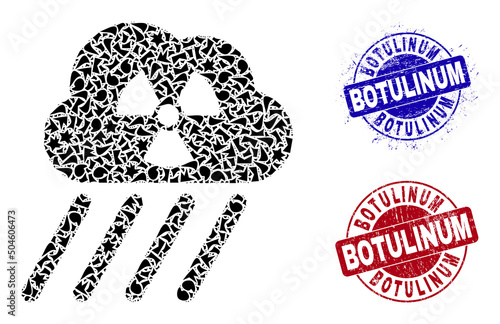 Round BOTULINUM rough stamp seals with tag inside round shapes, and fragment mosaic radioactive rain icon. Blue and red stamp seals includes BOTULINUM tag.