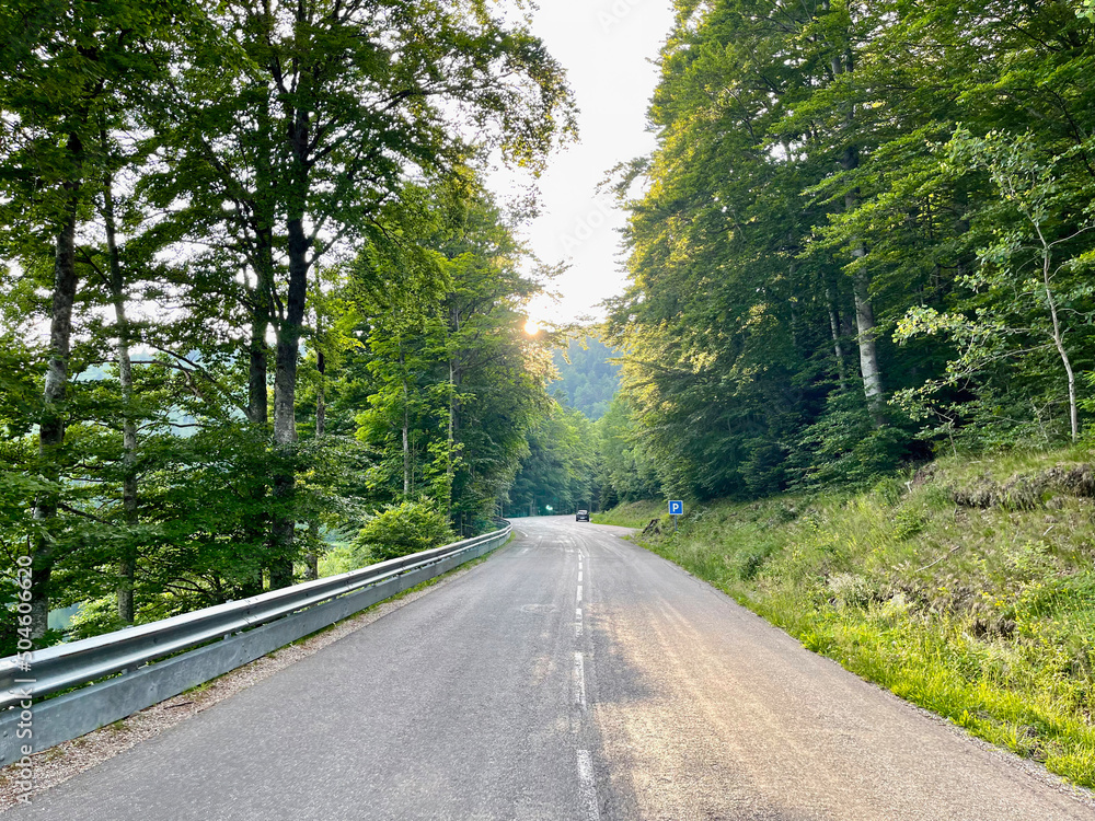 Fototapeta premium Deserted mountain large road at the end of the day, in the forest