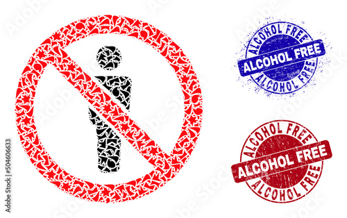 Round ALCOHOL FREE rough stamp seals with caption inside round forms, and fraction mosaic forbidden man figure icon. Blue and red stamp seals includes ALCOHOL FREE caption.