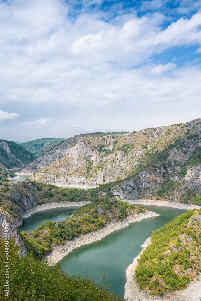 Meanders at rocky river Uvac gorge on sunny day, southwest Serbia.