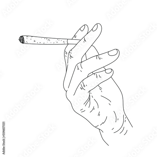 Vector illustration of hand holding a cigarette. Marijuana joint in a hand isolated on white background.