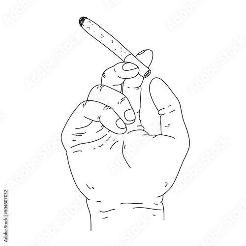 Vector illustration of hand holding a cigarette. Marijuana joint in a hand isolated on white background.