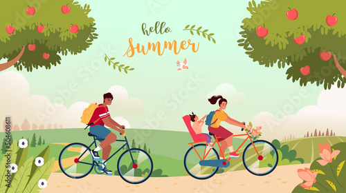 Summer bicycle trip. Hello summer concept. Landscape with cute couple going cycling on the road and lettering. Countryside landscape, trees with apples and flowers. Vector illustration in flat style.