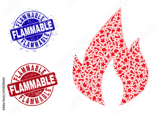 Round FLAMMABLE rubber prints with text inside round shapes, and fraction mosaic fire flame icon. Blue and red seals includes FLAMMABLE caption. Fire flame mosaic icon of spall particles.
