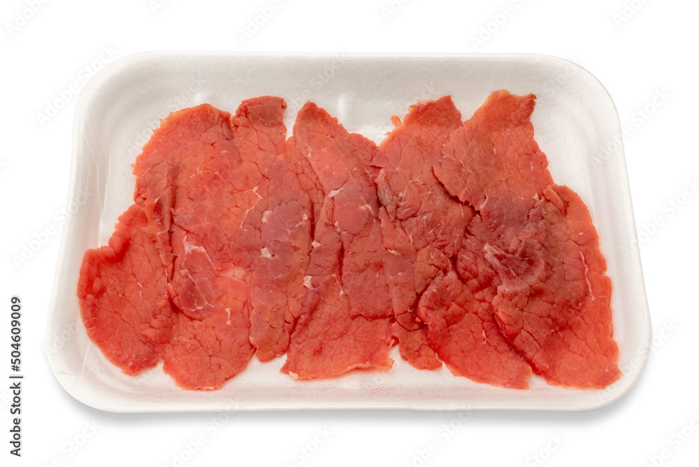 Thinly sliced beef raw for italian carpaccio in food plastic tray for sale. Isolated on white. Clipping path Thinly sliced beef raw for italian carpaccio in food plastic tray for sale. Isolated on white. Clipping path
