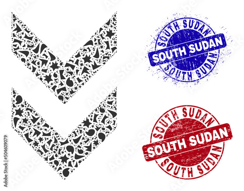 Round SOUTH SUDAN dirty stamps with tag inside round forms, and debris mosaic shift down icon. Blue and red stamps includes SOUTH SUDAN tag. Shift down collage icon of spall elements. photo