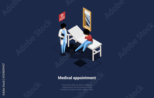Medical Appointment And Treatment Concept. Patient Visit Therapist In Cabinet. Family Doctor Examines And Consulting Patient on Medical Examination Coach In Hospital. Isometric 3D Vector Illustration