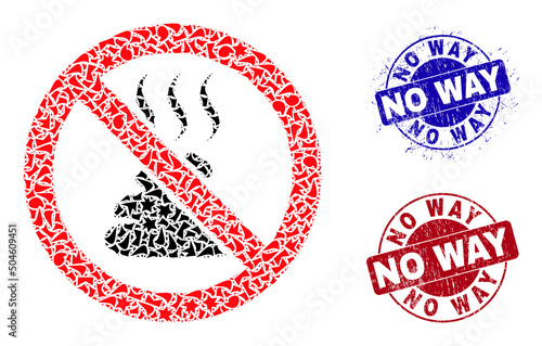Round NO WAY rough stamp seals with caption inside circle shapes, and detritus mosaic stop shit smell icon. Blue and red stamp seals includes NO WAY caption.