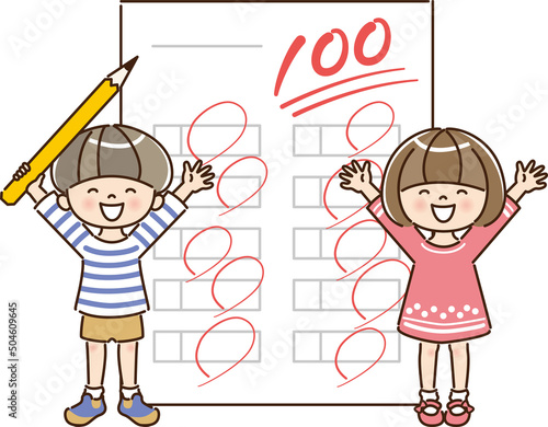テストで100点を取って万歳する男の子と女の子