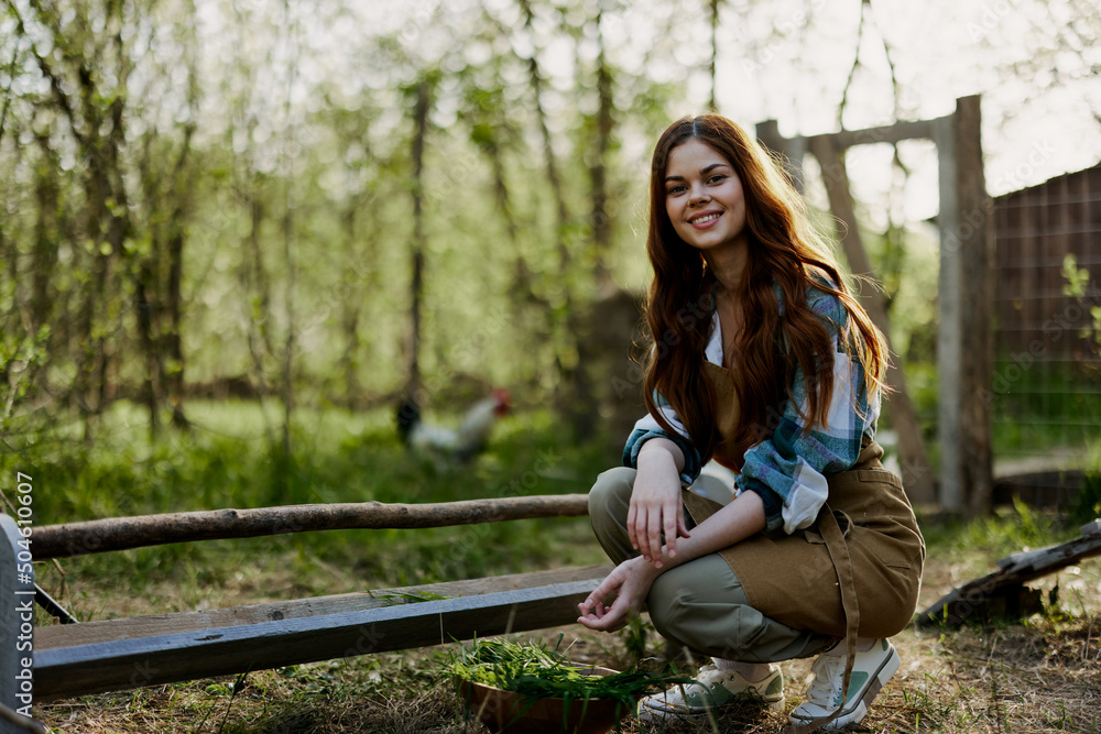 Naklejka premium A young woman farmer sits at a bird feeder and checks the composition of the grain to feed the chickens in a pen in the countryside