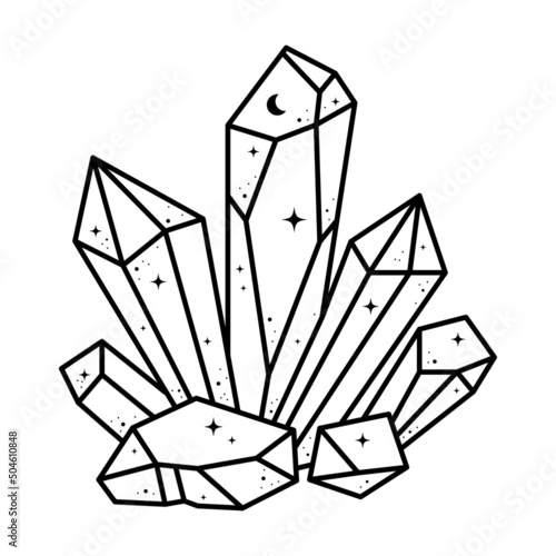 Quartz crystal isolated on white background. Celestial crystal cluster, minerals, dimonds. Magic witchcraft stone with moon and stars.