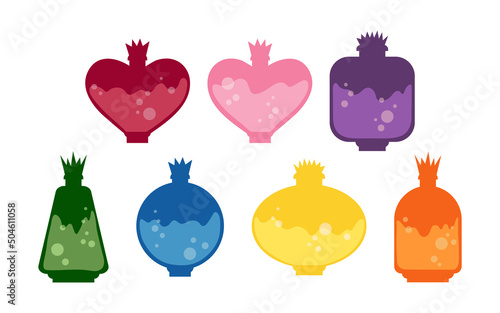 Set of colorful magic potions in bottles. Magical fairytale decorative vector flat elements isolated on white background. Collection of colorful liquids with bubbles in bottles of various shapes.