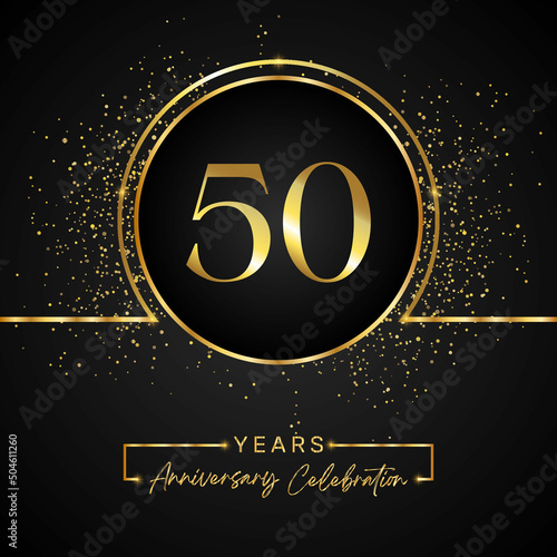50 years anniversary celebration with gold circle frame and gold glitter on black background. 50 years Anniversary logo. Vector design for greeting card, birthday party, wedding, event party.