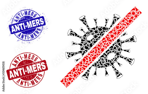Round ANTI-MERS rough stamps with caption inside round forms, and debris mosaic forbidden coronavirus icon. Blue and red stamps includes ANTI-MERS title.