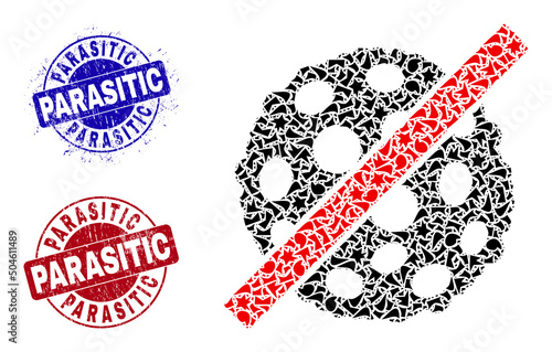 Round PARASITIC corroded badges with text inside round shapes, and debris mosaic remove microbe spore icon. Blue and red seals includes PARASITIC text.