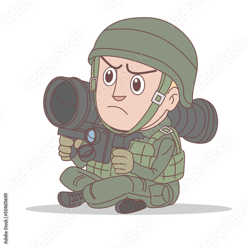 Serious expression cartoon soldier going into battle with artillery isolated on white background,illustration