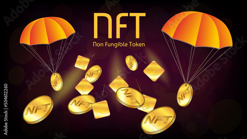 Free distribution of collectible NFT non fungible token. A lot of golden tokens and coins falling on parachutes. NFT airdrop.