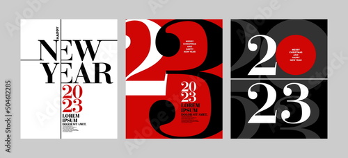 2023 Colorful set of Happy New Year posters. Abstract design with typography style. Vector logo 2023 for celebration and season decoration, backgrounds for branding, banner, cover, poster and more.