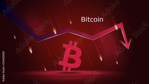 Bitcoin BTC in downtrend and price falling down on dark red background. Cryptocurrency coin symbol and red down arrow with falling meteors. Trading crisis and crash.