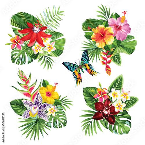 Tropical summer arrangements with palm leaves and exotic flowers. Vector illustration isolated on a white background.