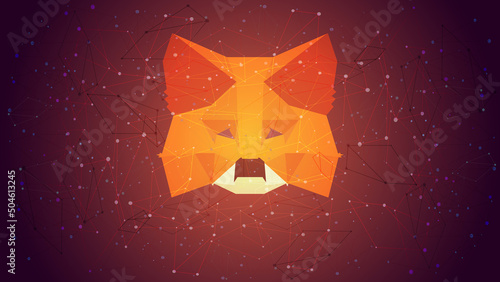 MetaMask logo sign on polygonal wireframe red background. Crypto wallet for Defi, Web3 Dapps and NFTs. photo