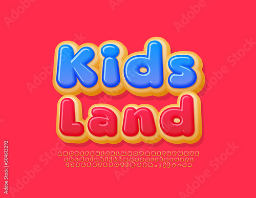 Vector advertising banner Kids Land. Sweet Donut Font. Creative Alphabet Letters and Numbers