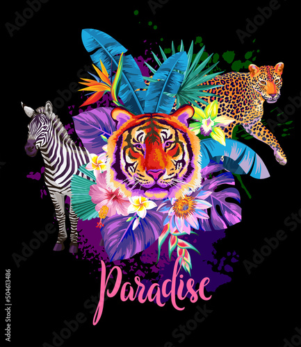 Tropical night summer arrangement with animals, palm leaves and exotic flowers. Vector illustration on a black background.
