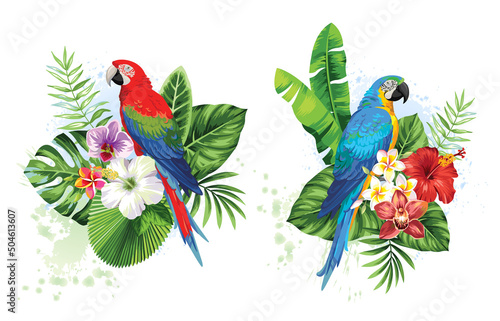 Tropical summer arrangements with birds, palm leaves and exotic flowers. Vector illustration.