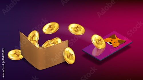 Cryptocurrency wallet with Bitcoin coins which fly to isometric cellphone with MetaMask logo on purple background. Crypto wallet for Defi, Web3 Dapps and NFTs.