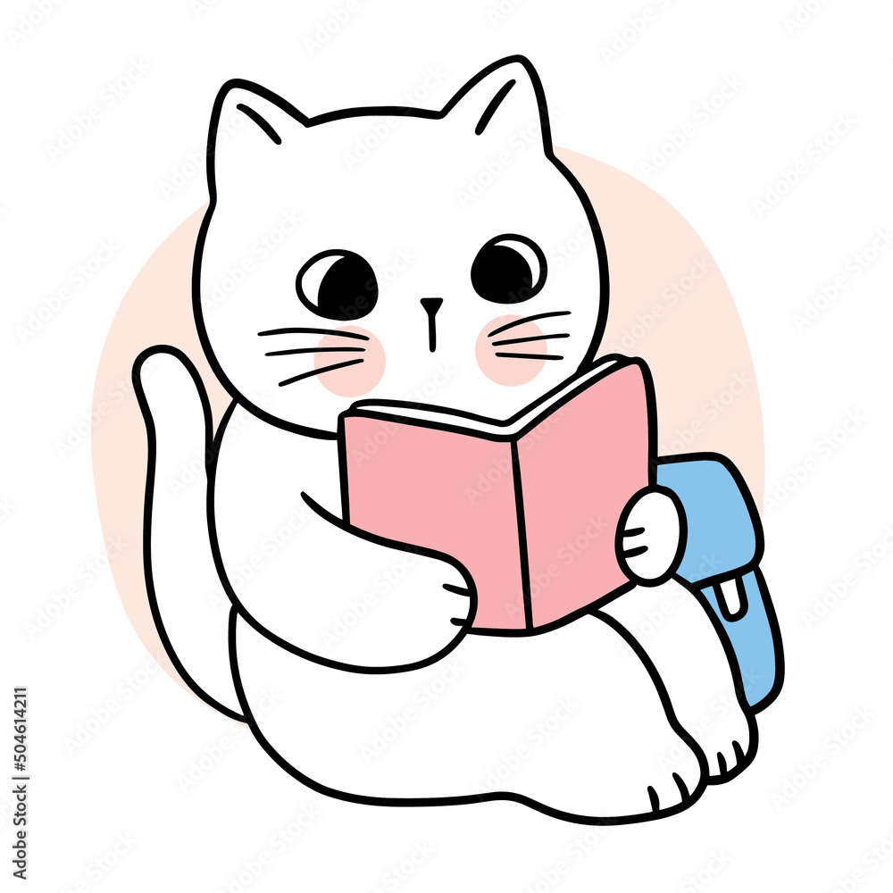 Cartoon cute cat reading book vector. Stock Vector | Adobe Stock