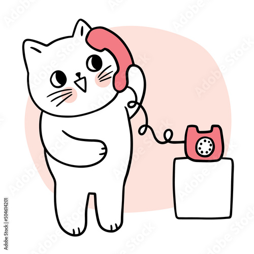 Cartoon cute cat talking telephone vector.