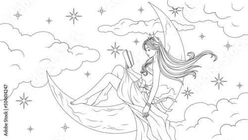 Vector illustration, a cute beautiful fairy girl in a beautiful dress sits on the moon moon, reads a book