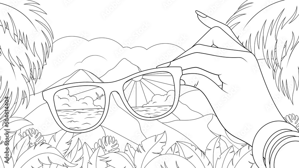 Vector illustration, beautiful mountain landscape, beach reflection in sunglasses Vector illustration, beautiful mountain landscape, beach reflection in sunglasses