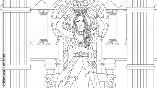 Vector illustration, a beautiful girl queen in the palace sits on a throne, puts on a crown
