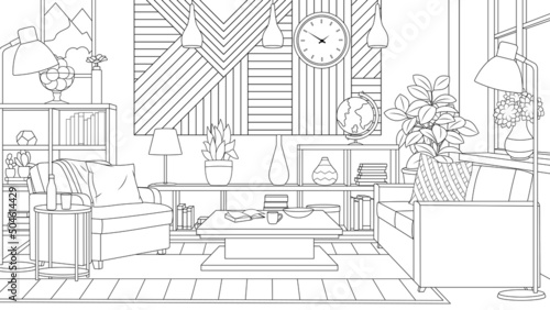 Vector illustration, interior design of a living room in a private house