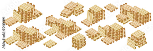 Big set of isometric warehouse pallets for packaging and transportation isolated on white background. Pallets in stacks and many lying and stand leaning.