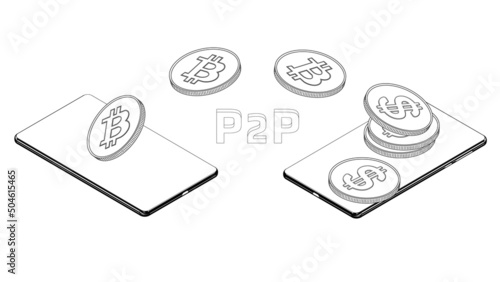 Isometric cellphones and flying BTC coins outline isolated on white. Concept of transferring and converting bitcoin BTC to dollars USD peer to peer P2P using mobile phone. Vector illustration.