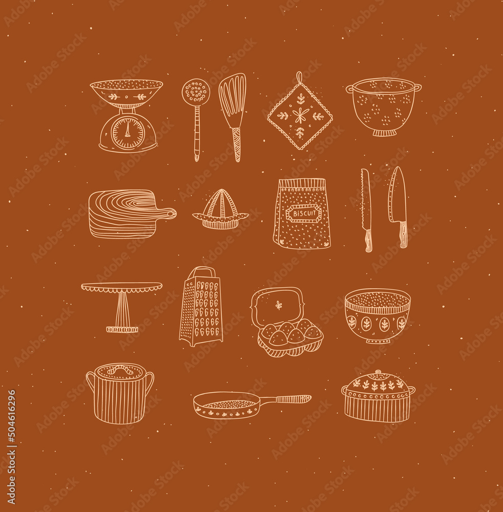 Set of kitchen tools and cooking icons drawing in handmade graphic primitive casual style on mustard background. Set of kitchen tools and cooking icons drawing in handmade graphic primitive casual style on mustard background.