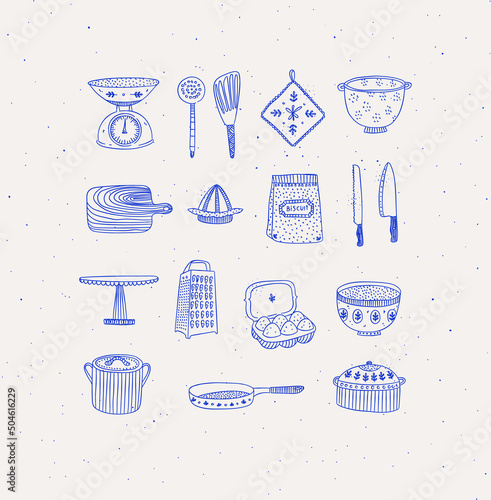 Set of kitchen tools and cooking icons drawing in handmade graphic primitive casual style on beige background.