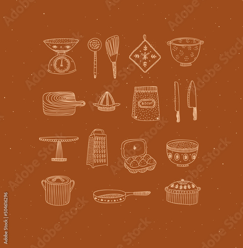 Set of kitchen tools and cooking icons drawing in handmade graphic primitive casual style on mustard background.