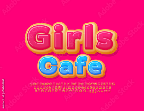 Vector stylish logo Girls Cafe. Delicious Donut Font. Pink Glazed Donut Alphabet Letters and Numbers