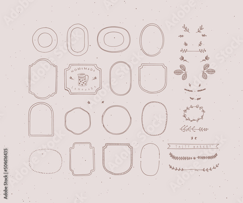 Set of frames and decor elements in handmade graphic primitive casual style on peach background.