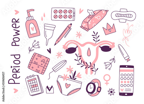 Menstruation. Feminine hygiene set, panties, pads, bowl, napkins, calendar, mobile app for marking menstruation. Vector flat illustration.