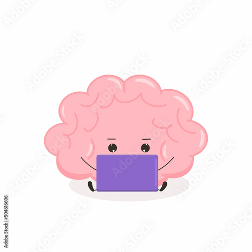 Cute kawaii brain. Funny human brain character works with computer. Cartoon flat style. Vector illustration