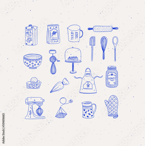 Set of kitchen bakery stuff drawing in handmade graphic primitive casual style on beige background.