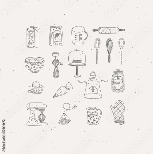 Set of kitchen bakery stuff drawing in handmade graphic primitive casual style on grey background.