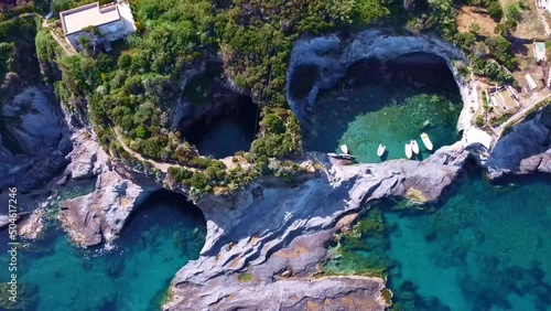 Aerial view of the island of Ponza and its crystal clear sea. Lazio, Italy