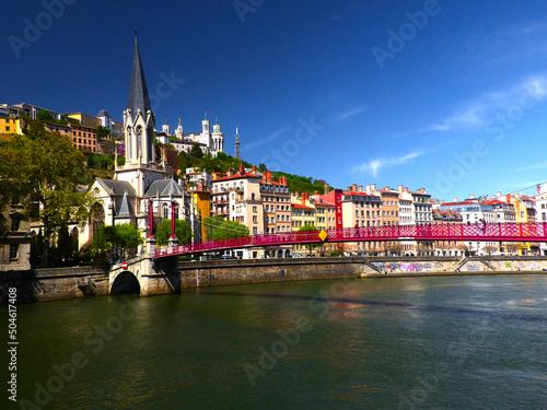 Lyon, France - April 16, 2022 : Discovering the city of Lyon thanks to the bridge over the rivers